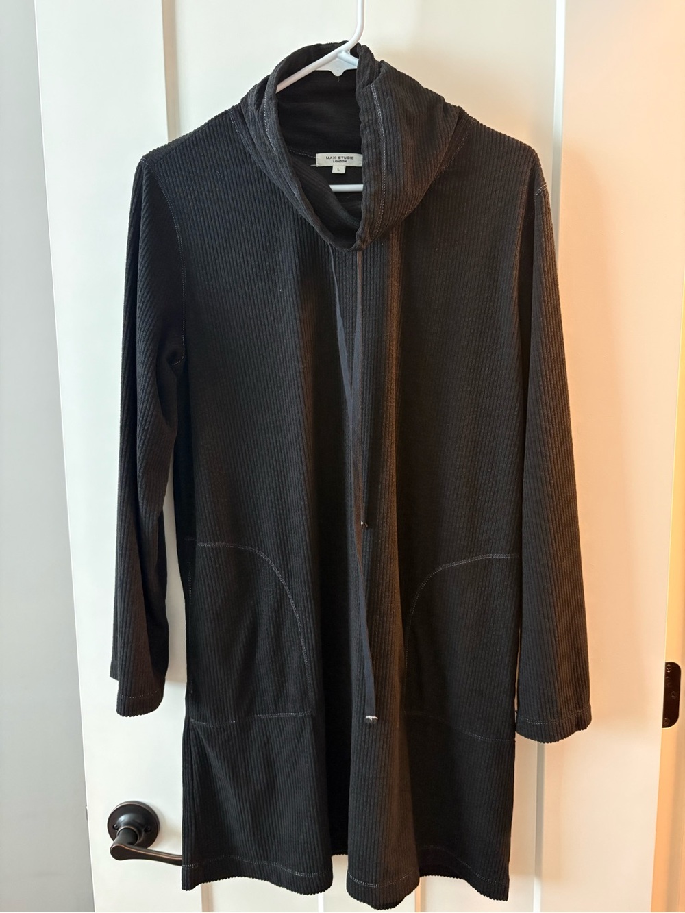 Max Studio Black Ribbed Hooded Long Pullover